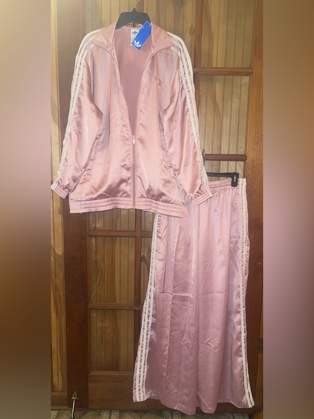 adidas Satin Pink Oversized Track Jacket White 3-Stripes with Matching Pants - Picture 9 of 13